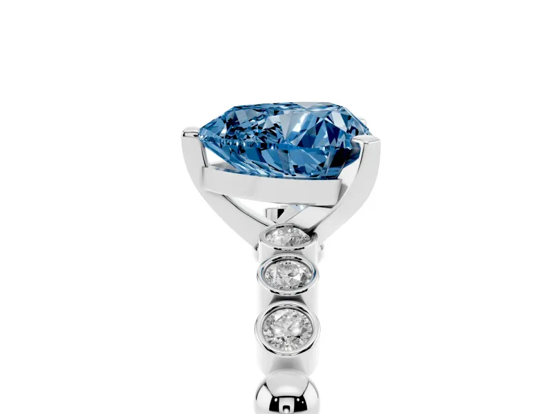 Fancy Blue Heart Cut Diamond Solitaire Engagement Ring Set in Platinum with Bezel Accents on Beaded Band