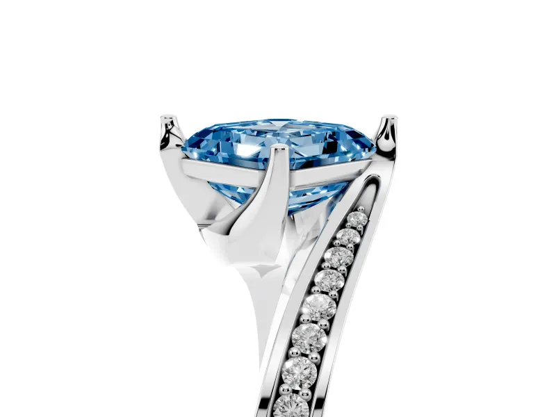Fancy Blue Asscher Cut Diamond Solitaire Ring Set in Silver with Intertwined Pavé Twist Band