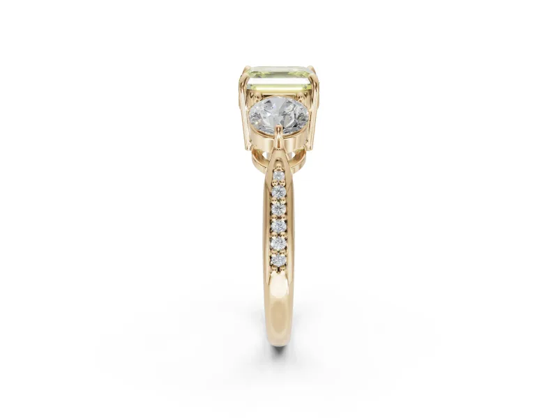Asscher Cut Three Stone Engagement Ring Setting for a Fancy Yellow Lab-Grown Diamond | Tapered Pave Band | Yellow Gold