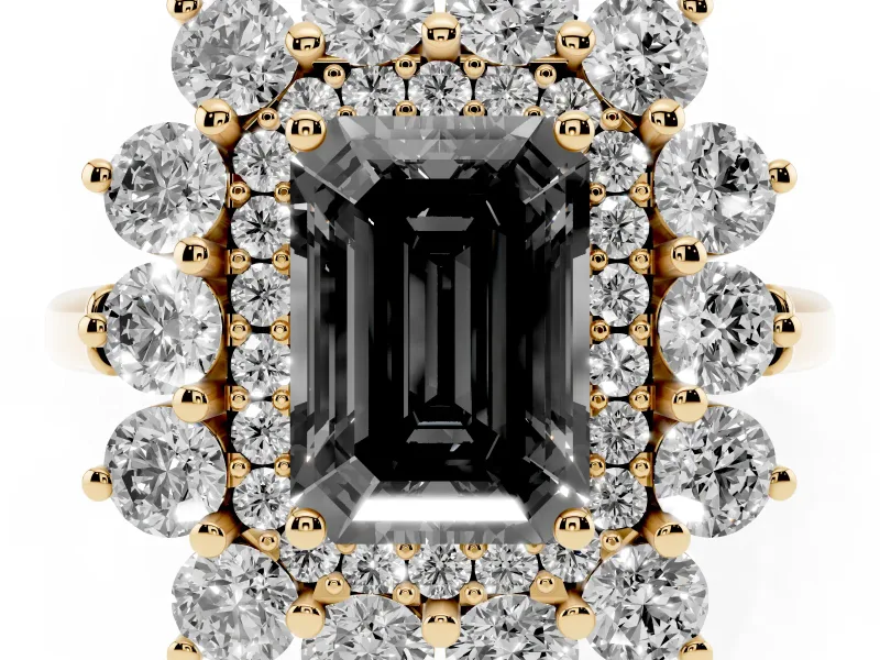 Emerald Cut Floral Double Halo Engagement Ring Setting for a Black Center | Plain Band | Yellow Gold
