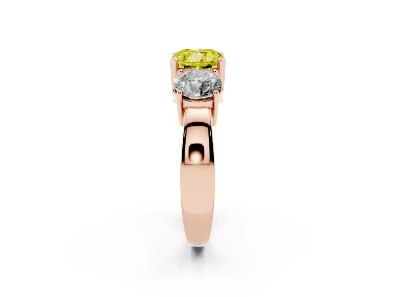 Cushion Cut Three Stone Engagement Ring Setting for a Fancy Yellow Lab-Grown Diamond | Wide Plain Band | Rose Gold