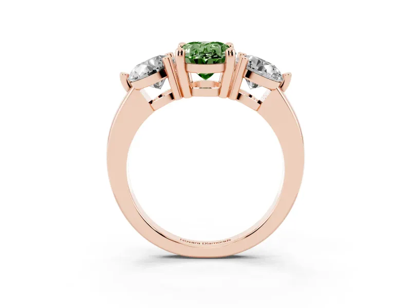 Fancy Green Oval Cut Diamond Three-Stone Ring Set in Rose gold with Prong Setting and Classic Band