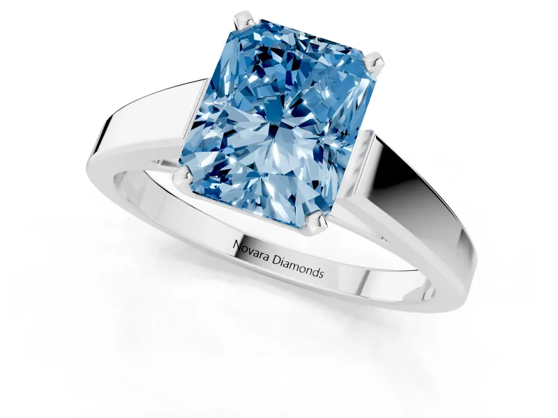 Fancy Blue Radiant Cut Diamond Solitaire Engagement Ring Set in Silver with Prong Setting and Tapered Band