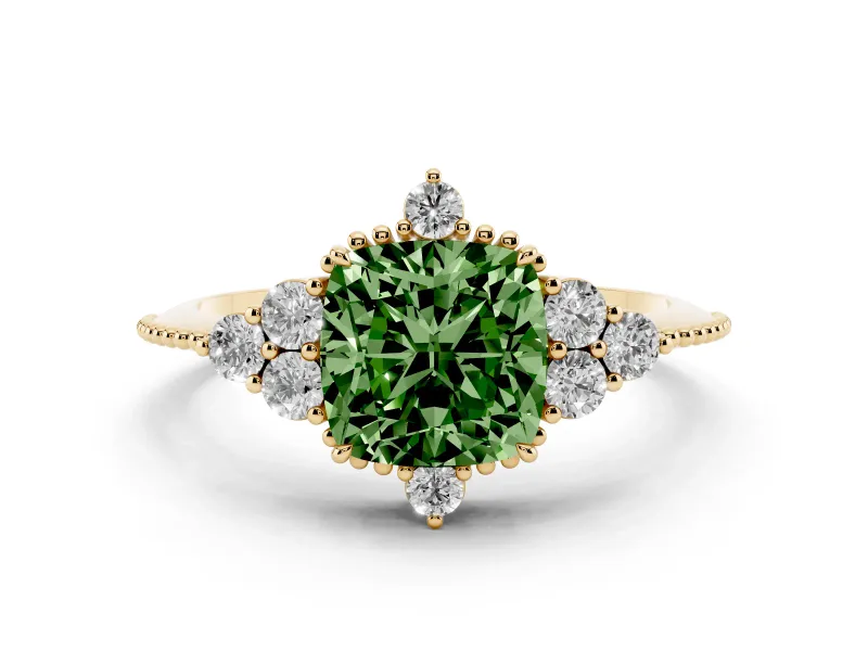 Fancy Green Cushion Cut Diamond Cluster Ring Set in Yellow gold with Beaded Band