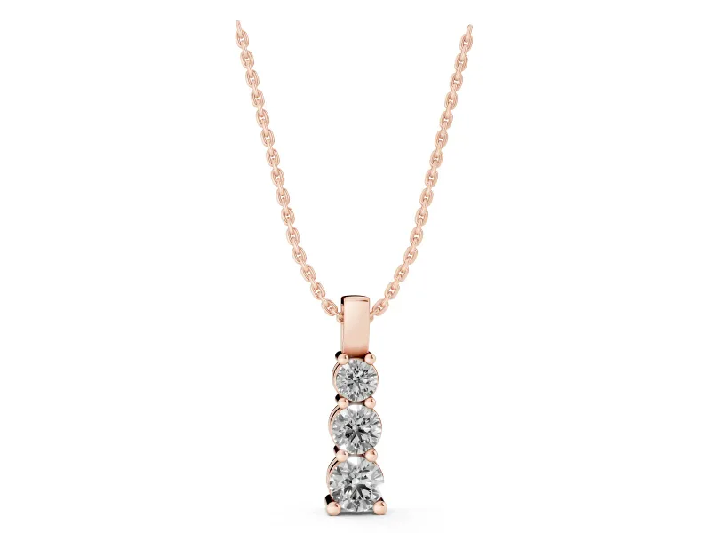Round Lab-Grown Diamond Three-Stone Vertical Pendant Necklace | Shared Prongs | Rose Gold