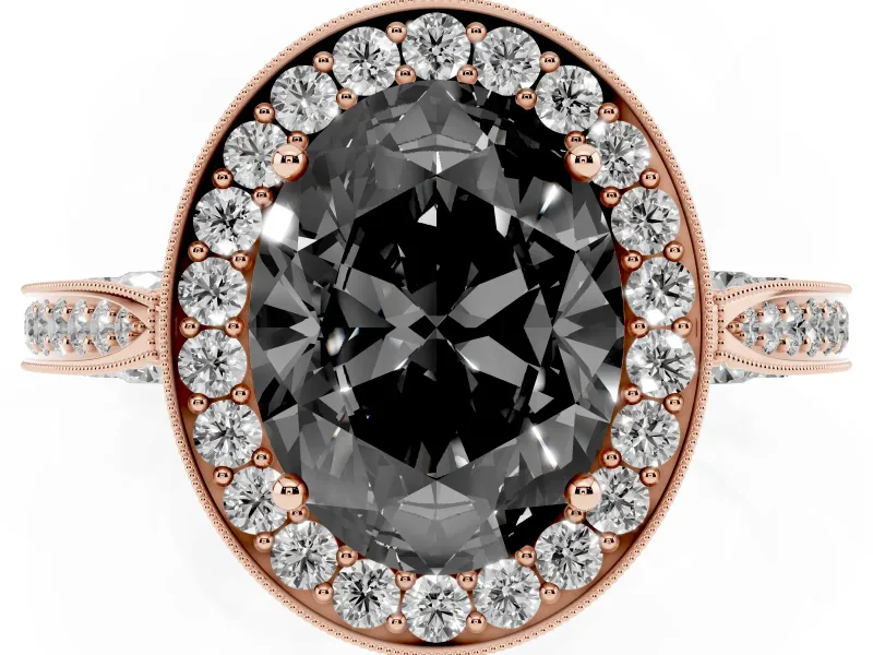 Oval Milgrain Halo Engagement Ring Setting for a Black Center | Side Stones | Rose Gold