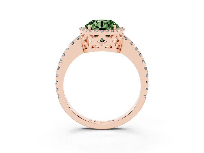 Round Halo Engagement Ring Setting for a Fancy Green Lab-Grown Diamond | Half Pave Band | Rose Gold
