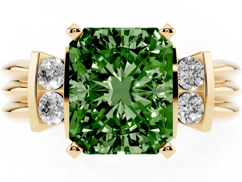Fancy Green Three-Stone Radiant Cut Diamond Channel Set Ring Set in Yellow gold with Bar Prongs