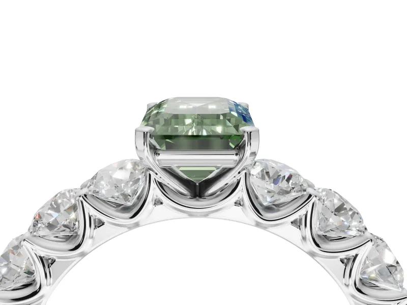 Emerald Cut Side Stone Engagement Ring Setting for a Fancy Green Lab-Grown Diamond | Scalloped Prong Accents | Platinum