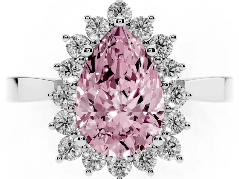 Fancy Pink Pear Cut Diamond Halo Ring Set in Silver with Round Halo and Smooth Solitaire Band