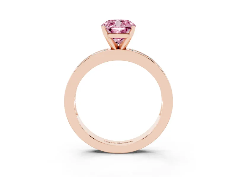 Fancy Pink Cushion Cut Diamond Solitaire Ring Set in Rose gold with Channel-Set Baguette Band and Prong Setting