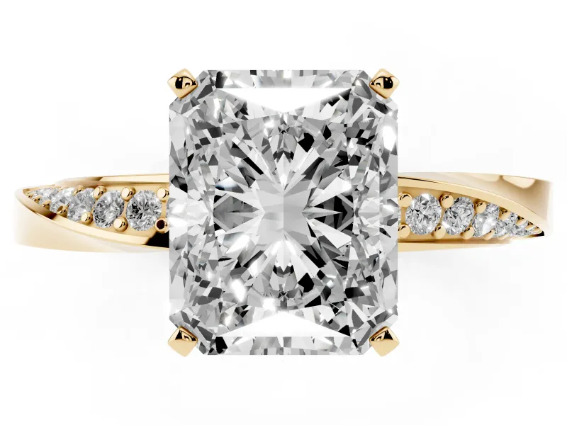 Radiant Cut Diamond Engagement Ring Set in Yellow gold with Side Stone Accents and Prong Setting