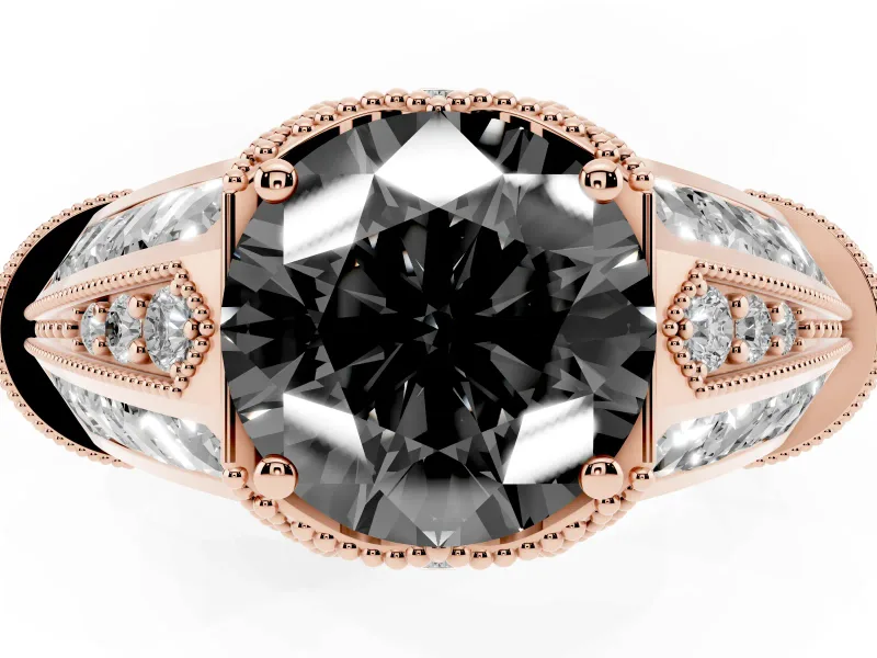 Round Vintage Milgrain Engagement Ring Setting for a Black Center | Hidden Halo | Rose Gold
