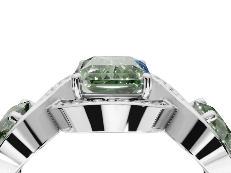 Radiant Cut Three Stone Engagement Ring Setting for a Fancy Green Lab-Grown Diamond | Pavé Wave Band | Sterling Silver