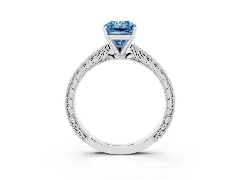 Fancy Blue Radiant Cut Diamond Solitaire Milgrain Engraved Band Set in White gold with Prong Setting