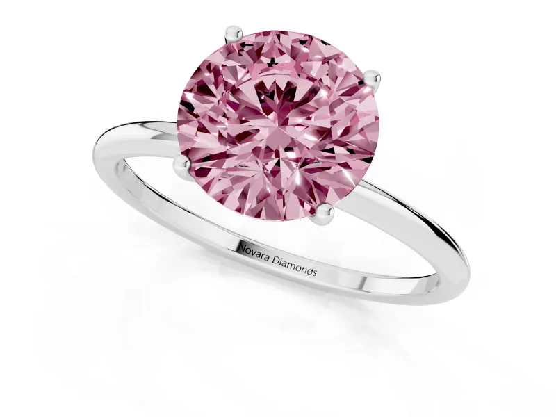 Fancy Pink Round Cut Diamond Solitaire Engagement Ring Set in Silver with Thin Band and Prong Setting