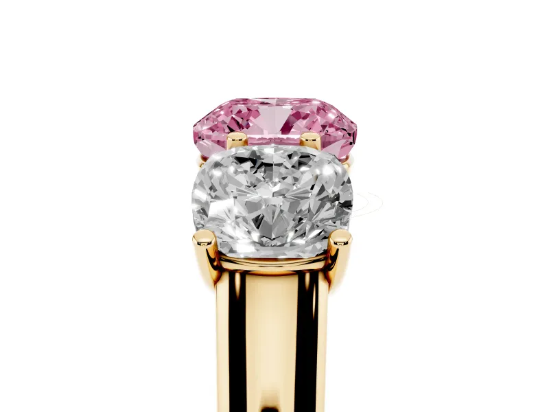 Cushion Cut Three Stone Engagement Ring Setting for a Fancy Pink Lab-Grown Diamond | Basket Prong Heads | Yellow Gold