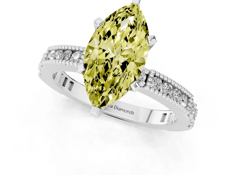 Fancy Yellow Marquise Cut Diamond Solitaire Ring Set in Silver with Slim Pavé Band and Prong Setting