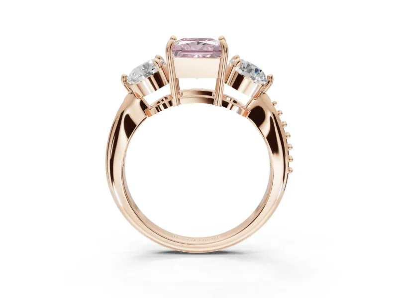 Princess Cut Three Stone Engagement Ring Setting for a Fancy Pink Lab-Grown Diamond | Tapered Pave Band | Rose Gold