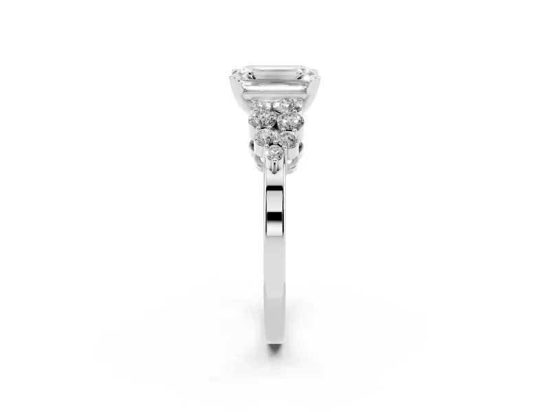 Emerald Cut Side Stone Engagement Ring Setting | Two-Row Shoulder Clusters | White Gold