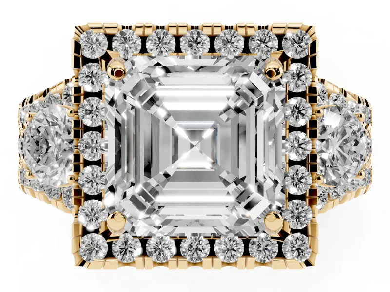 Asscher Cut Halo Split Shank Engagement Ring Setting | Round Side Stones | Yellow Gold