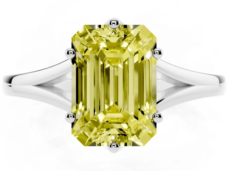 Fancy Yellow Emerald Cut Diamond Solitaire Ring Set in Platinum with Polished Tapered Band and Prong Setting