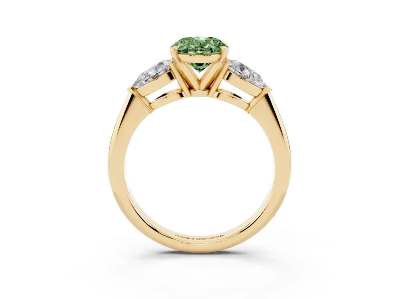 Fancy Green Three-Stone Oval Cut Diamond Ring Set in Yellow gold with Pear Side Stones and Prong Setting