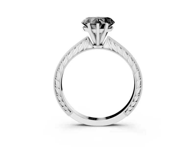 Fancy Black Heart Cut Diamond Solitaire Milgrain Engraved Band Set in White gold with Prong Setting