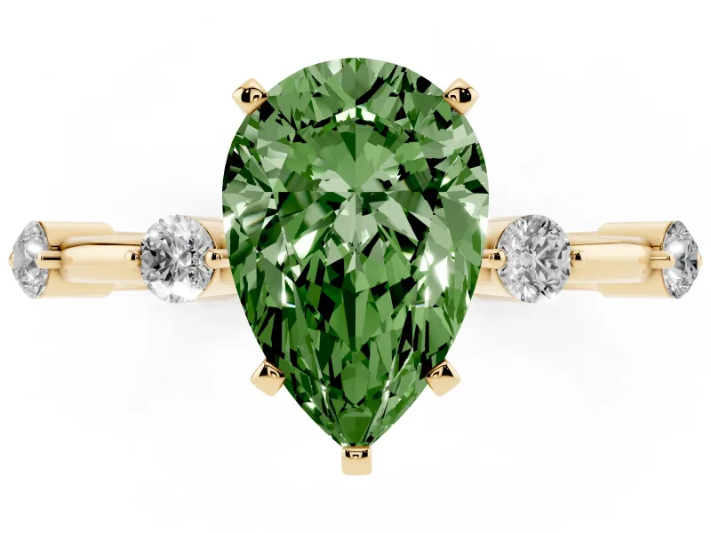 Fancy Green Pear Cut Diamond Solitaire Ring Set in Yellow gold with Bezel Set Side Stones and Prong Setting