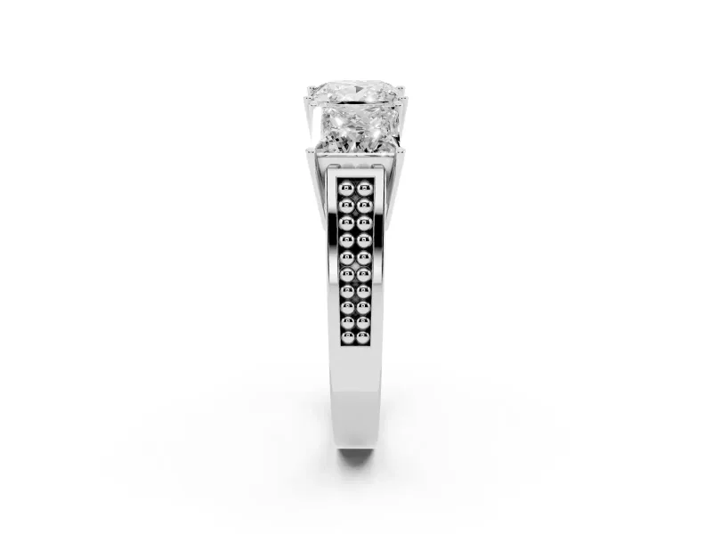 Princess Cut Three Stone Engagement Ring Setting | Beaded Shoulders | White Gold
