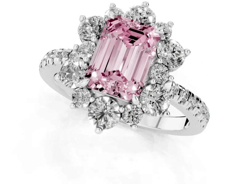 Emerald Cut Star Floral Halo Engagement Ring Setting for a Fancy Pink Lab-Grown Diamond | White Gold