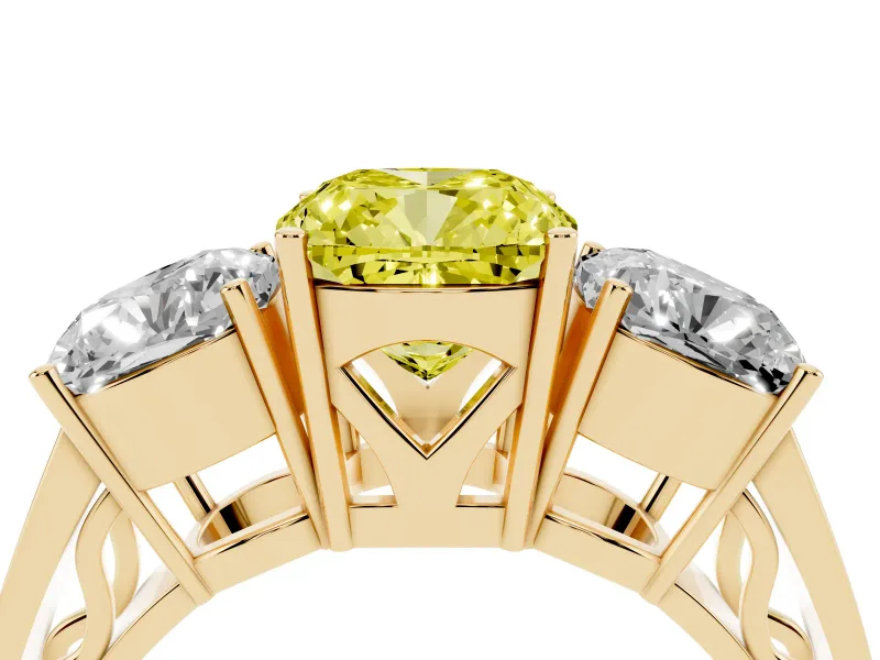 Fancy Yellow Cushion Cut Diamond Three-Stone Ring Set in Yellow gold with Textured Band