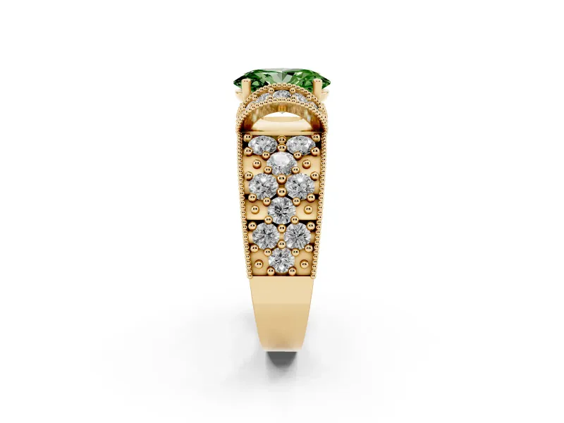 Oval Vintage Pave Engagement Ring Setting for a Fancy Green Lab-Grown Diamond | Milgrain Edges | Yellow Gold