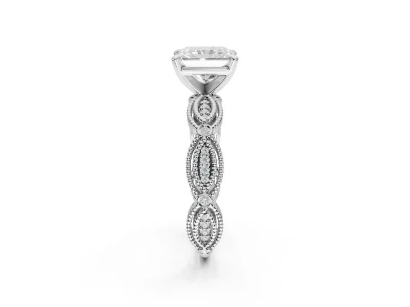 Radiant Cut Vintage Milgrain Engagement Ring Setting | Graduated Stations | White Gold