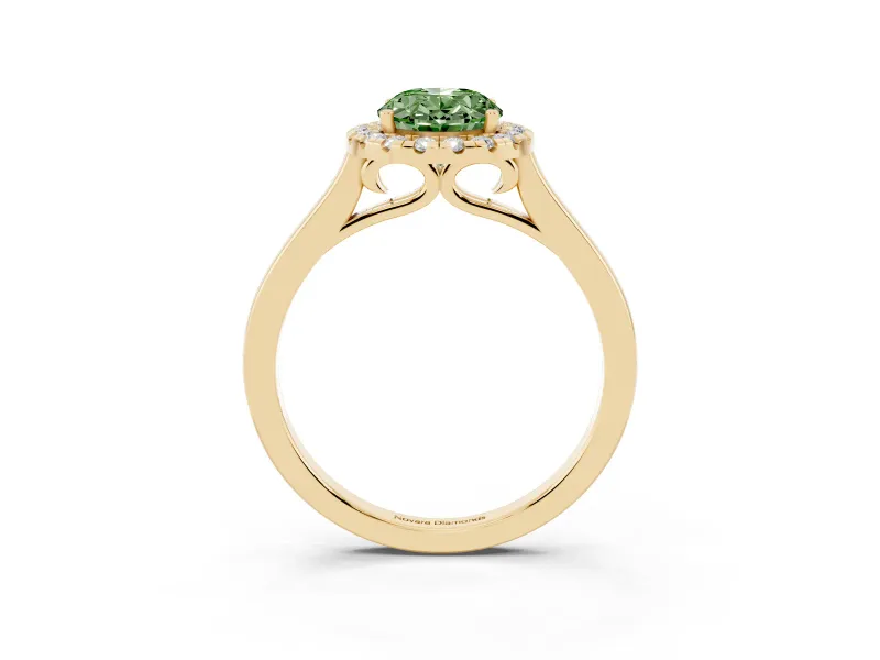 Fancy Green Oval Cut Halo Round Diamond Solitaire Ring Set in Yellow gold with Pavé Band and Prong Setting