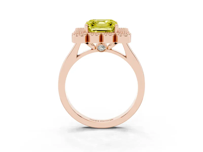 Asscher Cut Milgrain Cluster Halo Engagement Ring Setting for a Fancy Yellow Lab-Grown Diamond | Plain Band | Rose Gold