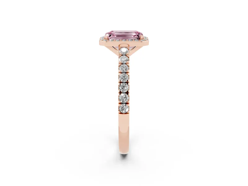 Fancy Pink Emerald Cut Diamond Halo Engagement Ring Set in Rose gold with Pavé Band and Prong Setting
