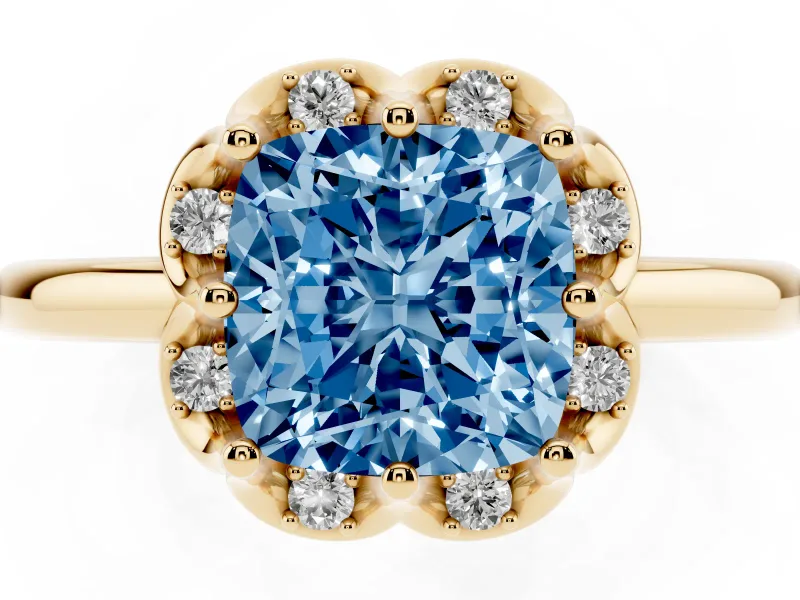 Cushion Cut Petal Halo Engagement Ring Setting for a Fancy Blue Lab-Grown Diamond | Yellow Gold