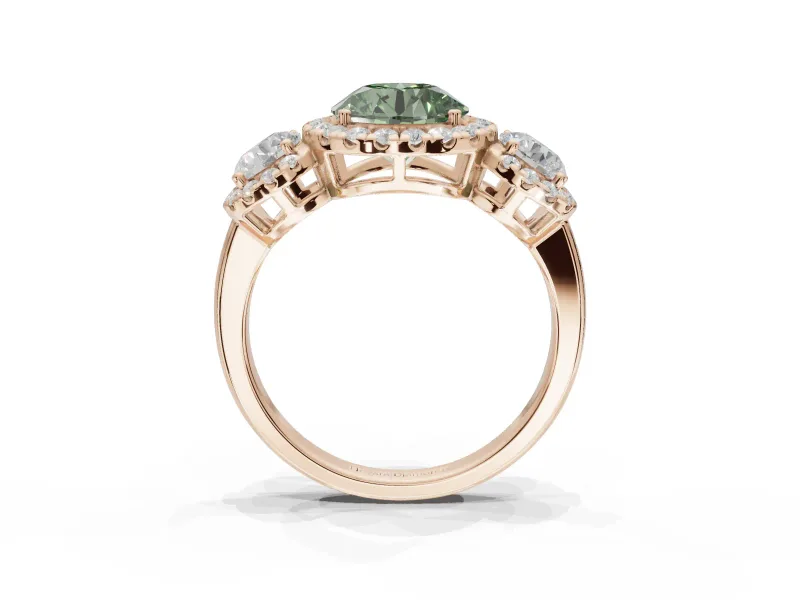 Round Three Stone Halo Engagement Ring Setting for a Fancy Green Lab-Grown Diamond | Rose Gold
