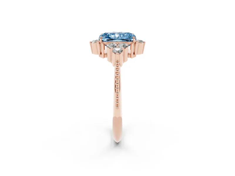 Fancy Blue Radiant Cut Diamond Cluster Ring Set in Rose gold with Beaded Band