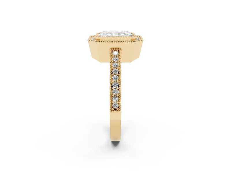 Radiant Cut Diamond Halo Engagement Ring Set in Yellow gold with Pavé Band and Round Halo Stones
