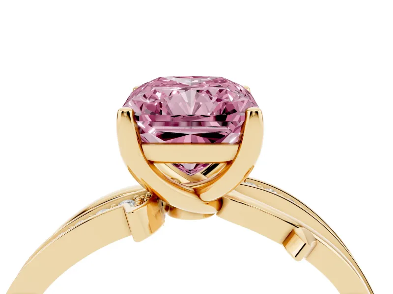 Fancy Pink Radiant Cut Diamond Pavé Twist Band Solitaire Ring Set in Yellow gold with Prong Setting