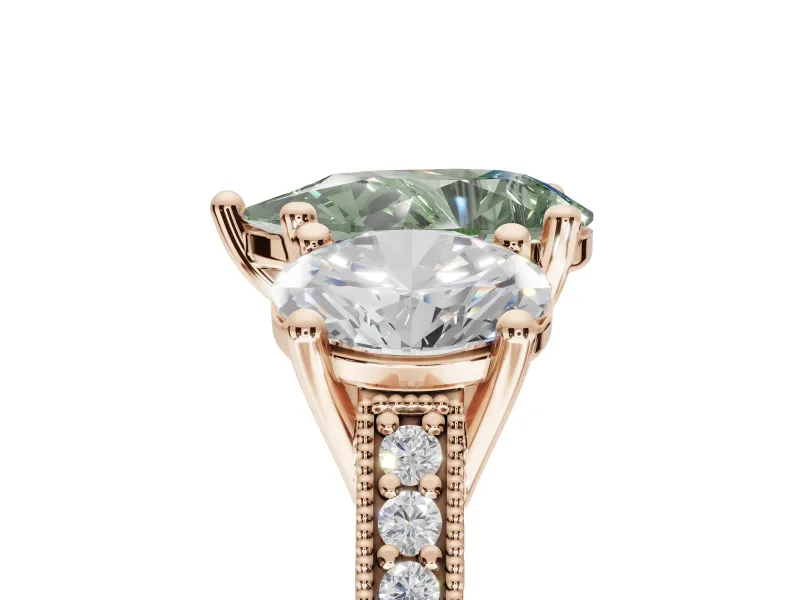Pear-Shaped Vintage Three Stone Engagement Ring Setting for a Fancy Green Lab-Grown Diamond | Graduated Pavé | Rose Gold