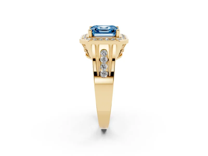Asscher Cut Halo Engagement Ring Setting for a Fancy Blue Lab-Grown Diamond | Channel-Set Split Shank | Yellow Gold