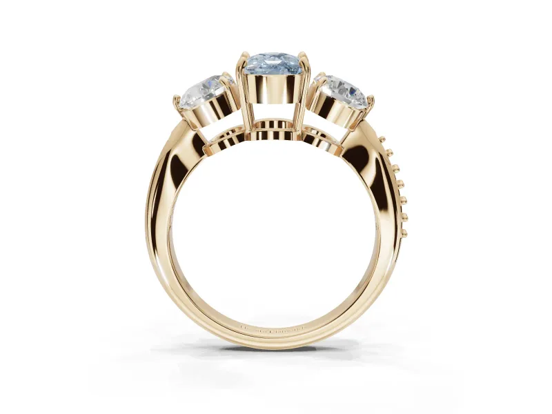 Cushion Cut Three Stone Engagement Ring Setting for a Fancy Blue Lab-Grown Diamond | Tapered Pave Band | Yellow Gold