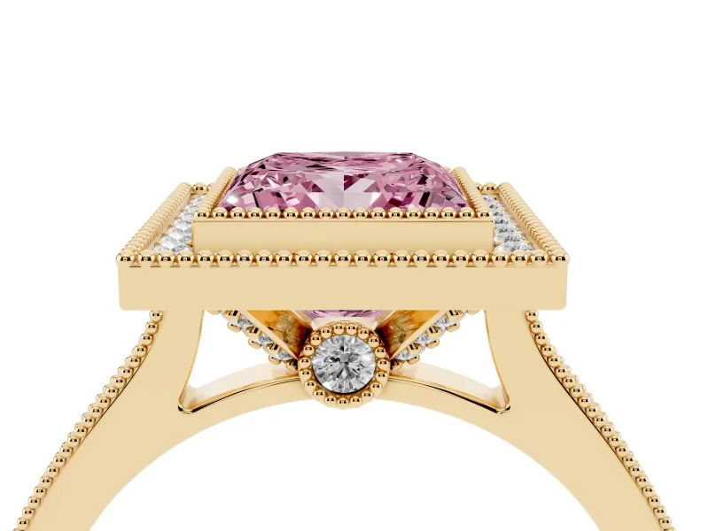 Princess Cut Vintage Milgrain Halo Engagement Ring Setting for a Fancy Pink Lab-Grown Diamond | Bezel Head | Yellow Gold