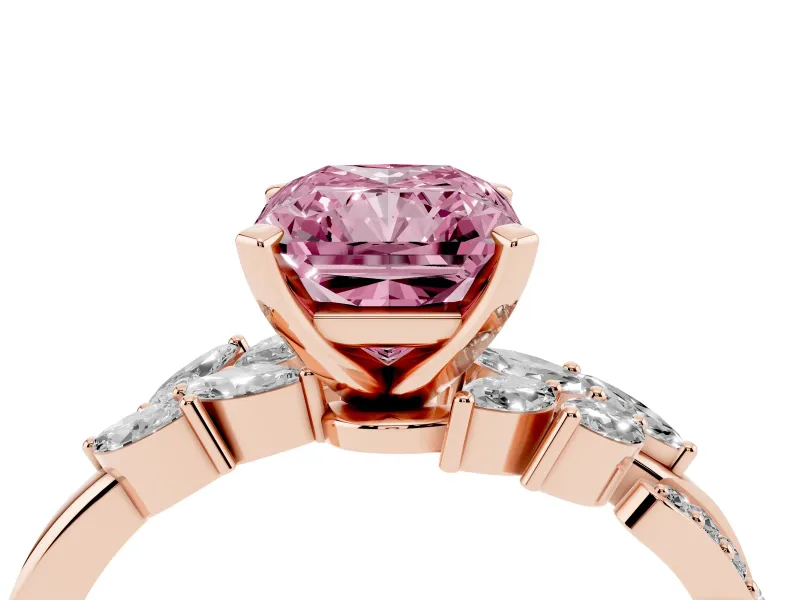 Fancy Pink Radiant Cut Diamond Solitaire Ring Set in Rose gold with Marquise Twist Band and Prong Setting