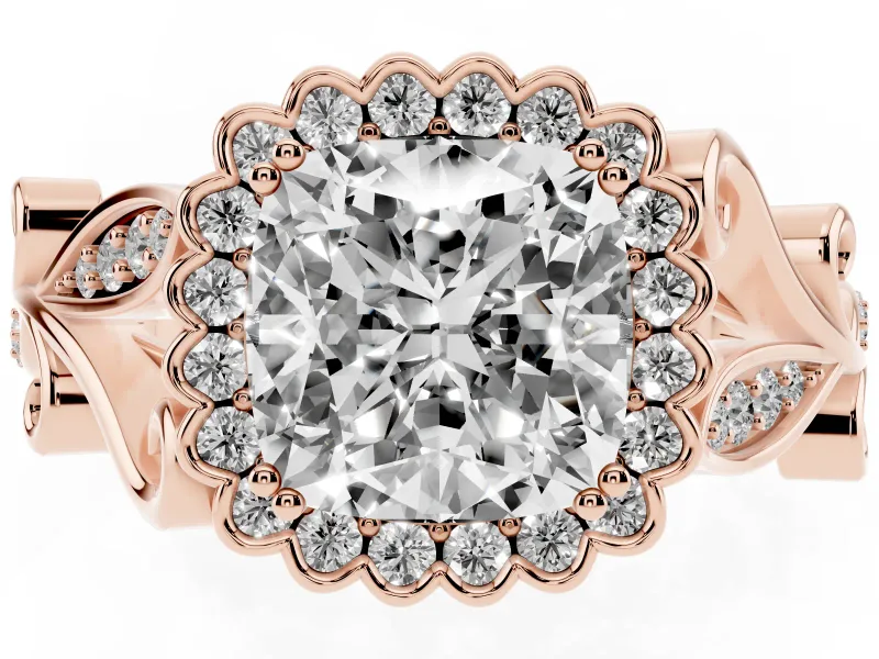 Cushion Cut Vintage Leaf Halo Engagement Ring Setting | Graduated Vine Shank | Rose Gold