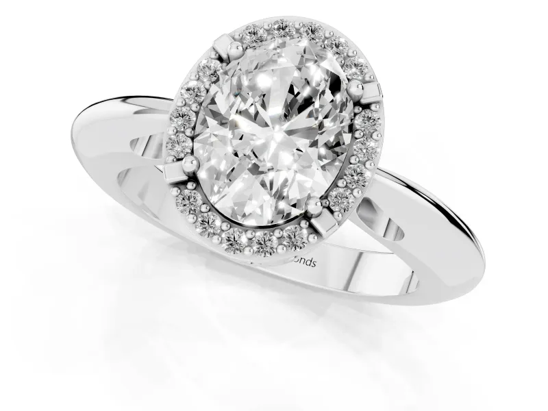 Oval Cut Diamond Halo Engagement Ring Set in Platinum with Plain Split Shank and Prong Setting