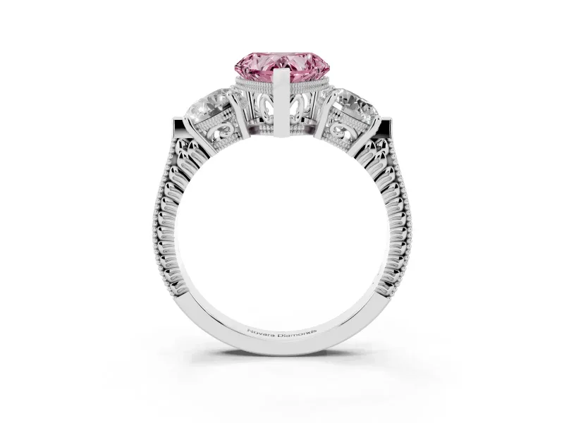 Fancy Pink Heart Cut Diamond Three-Stone Ring Set in Silver with Milgrain Band